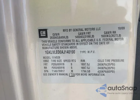 2010 GMC Acadia Sle z USA, uszkodzony, nr VIN 1GKLVLED0AJ140190